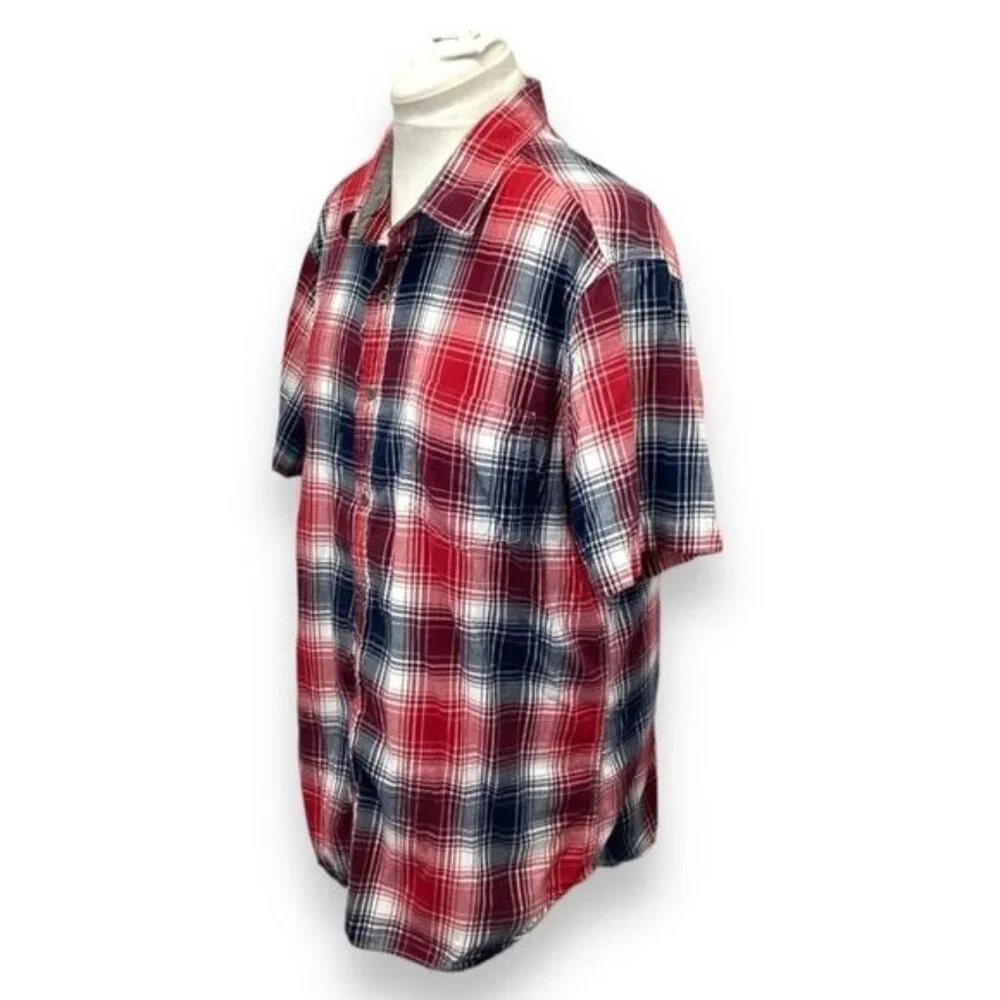 Mens Cactus Madras Plaid Short Sleeve Button-Up Shirt XXL Red & Blue Cotton